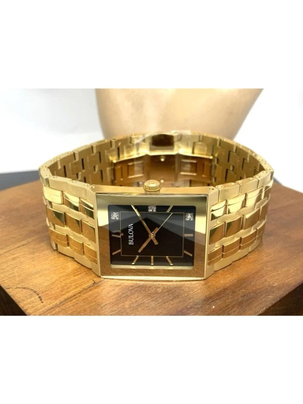 Bulova Men's Watch 97D132 Quadra Quartz Diamond Black Dial Gold Stainless Steel